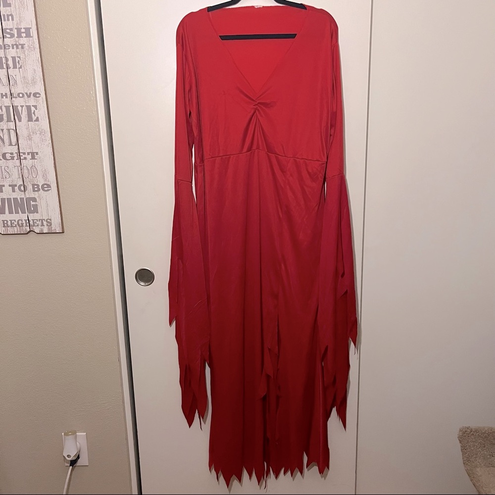 Long Red Devil V Neck Dress Costume with Slit & Devil Tail, Size Medium